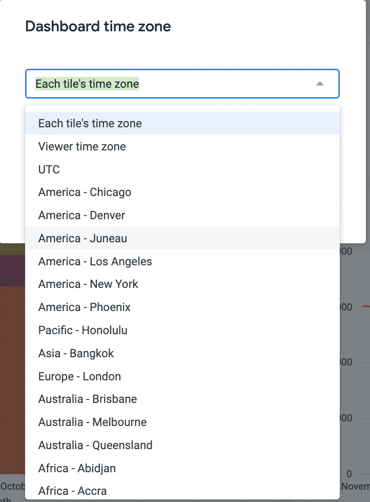 The dashboard timezone options