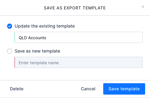 The Save as export template modal with the Update the existing template option highlighted.