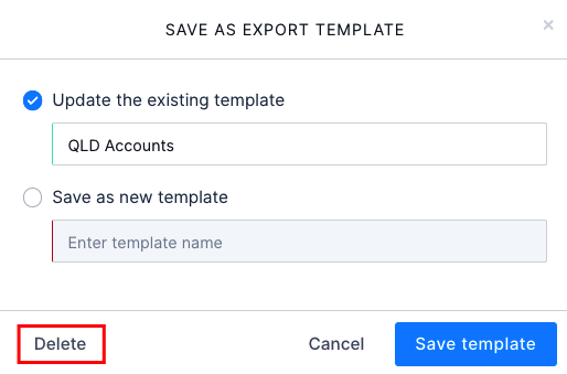 The Save as export template modal with the Delete option highlighted.