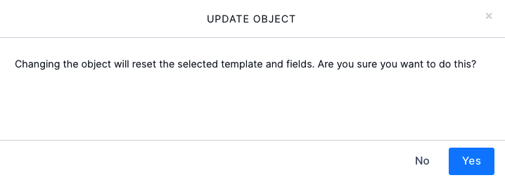 The update object warning when trying to change the object used in an existing export template.