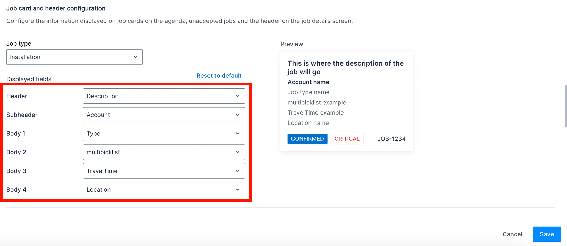 The mobile job card and header configuration settings with the displayed fields options showing.