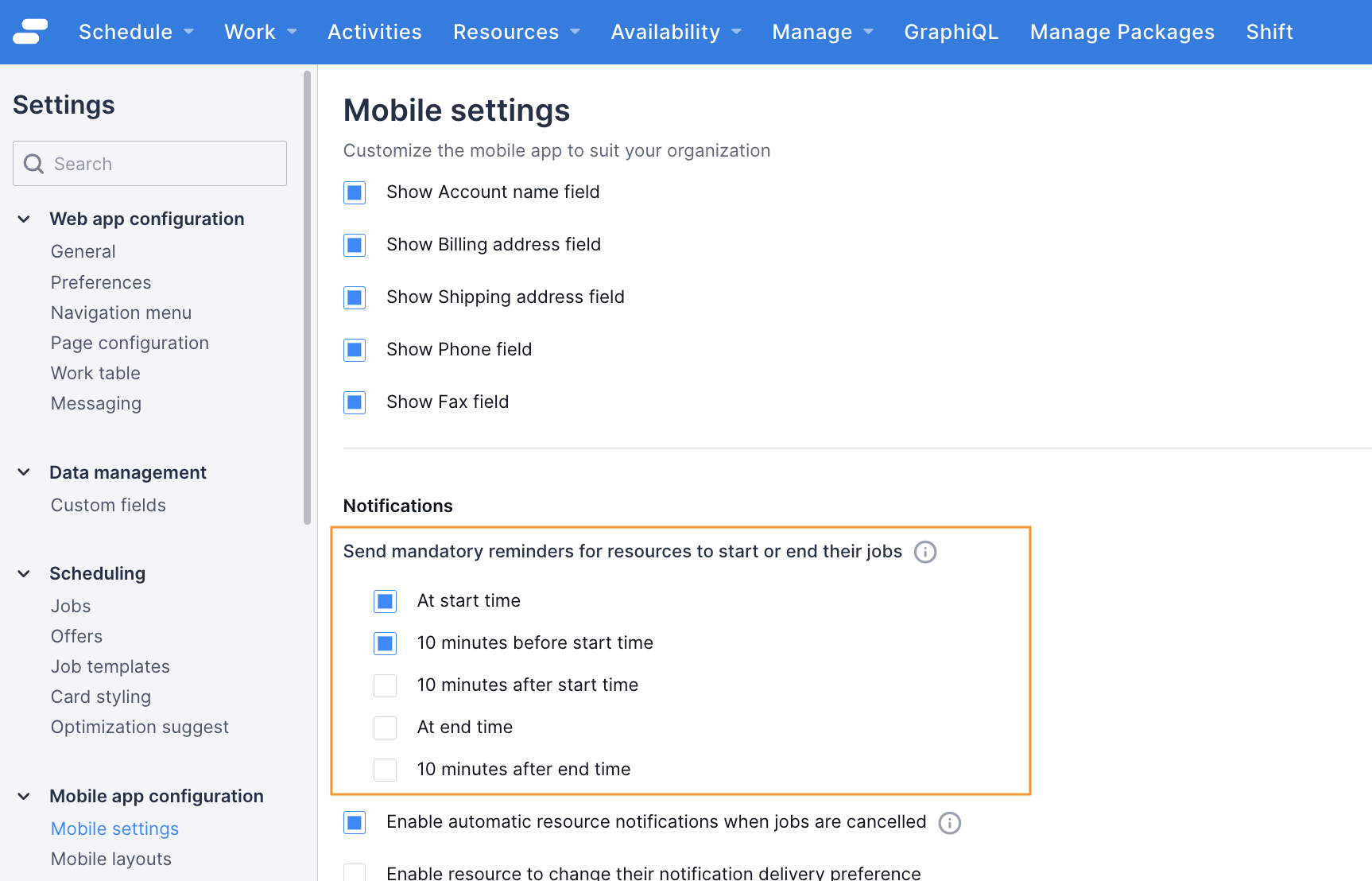 webapp reminder notification settings