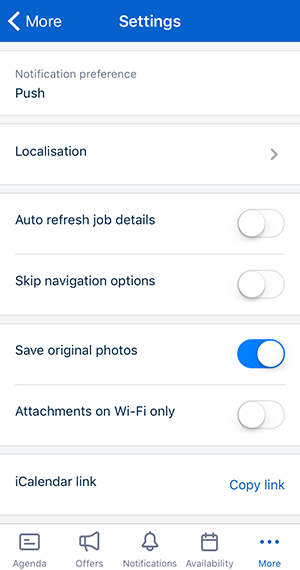 The settings menu in the Skedulo mobile app.
