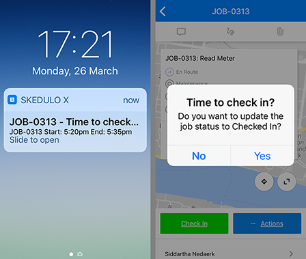 The time to check in proximity message on Skedulo.