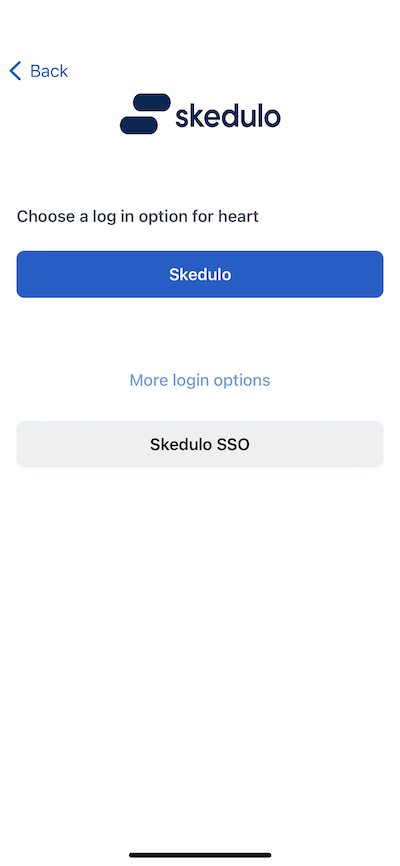 Skedulo Plus log in options for Skedulo Pulse Platform teams showing both the Skedulo button and Skedulo SSO button