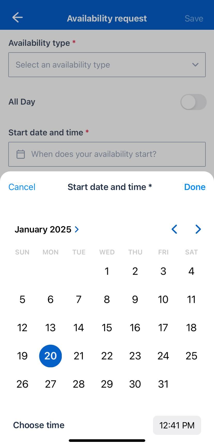 The date and time picker for availability requests that are not all day requests and require the date and time for the start and finish to be selected.