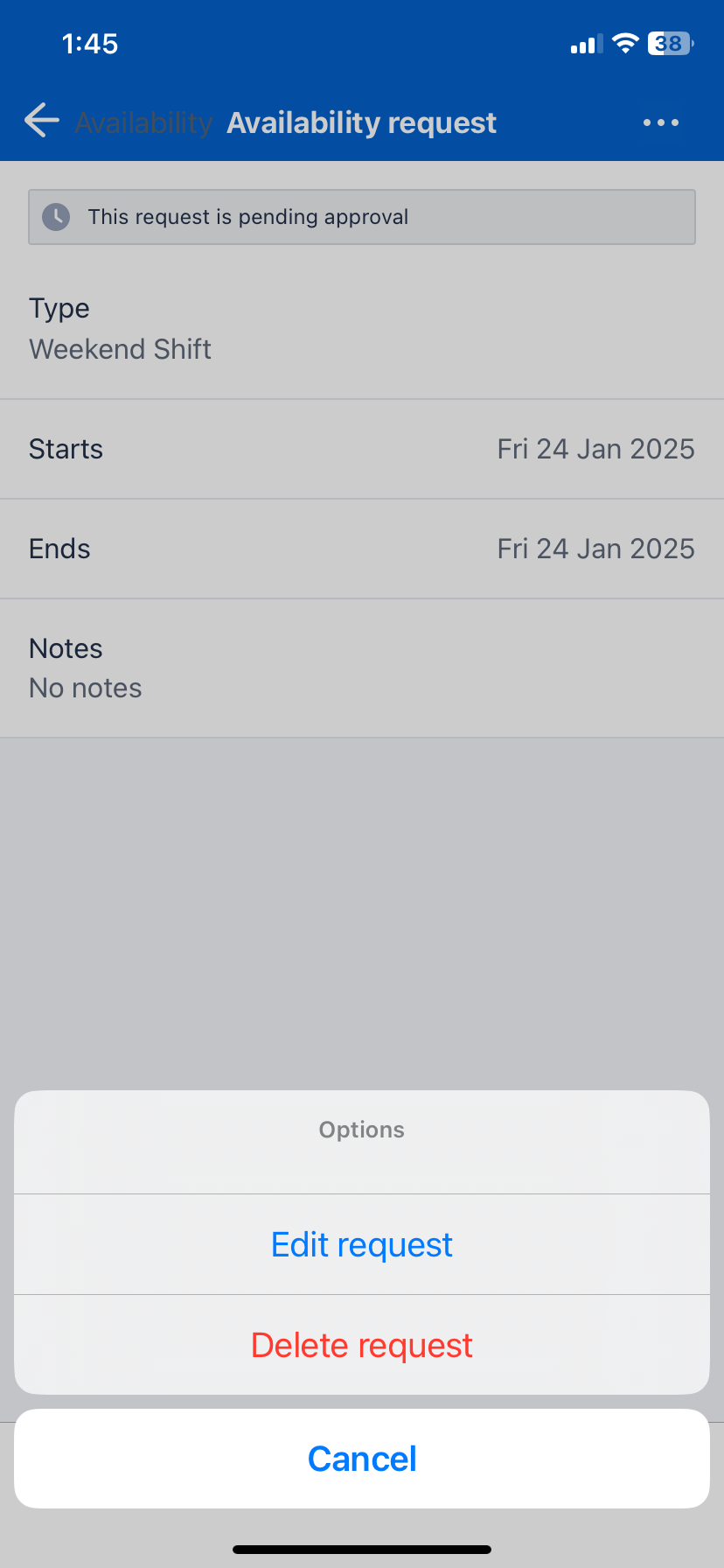The options menu on an availability request showing the option to edit the time off request