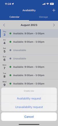 The create new availability request option menu in the Skedulo Plus mobile app.