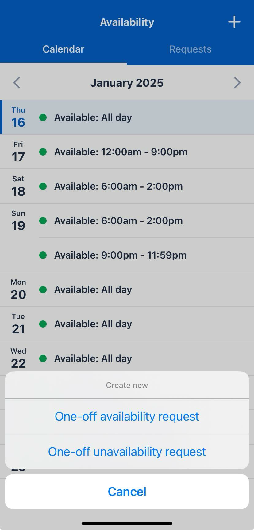 The create new availability request option menu in the Skedulo Plus mobile app.