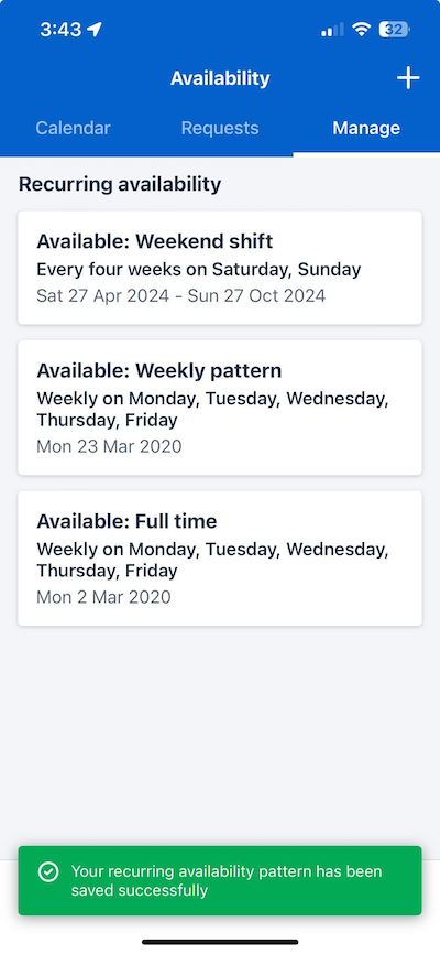 The success banner for a saved recurring availability pattern in the Skedulo Plus mobile app.