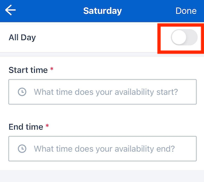 The time picker for setting the start and end times for a recurring availability pattern in the Skedulo Plus mobile app.