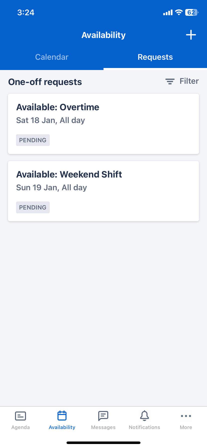 The unavailability requests filter button in the Skedulo Plus mobile app.