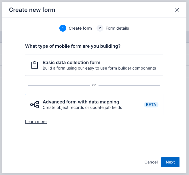 Create new forms modal