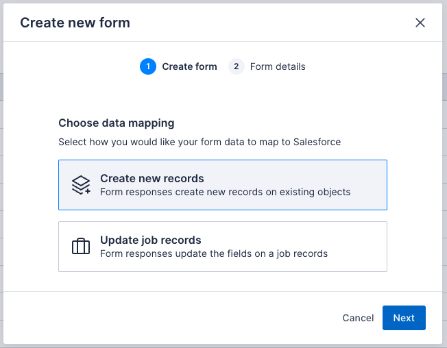 Create new forms modal