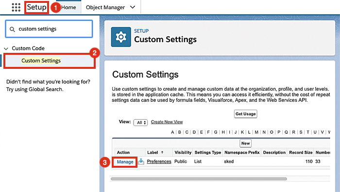 Locating the custom settings for preferences in Salesforce.