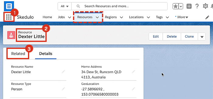 Viewing a resource&rsquo;s details in Salesforce CRM.