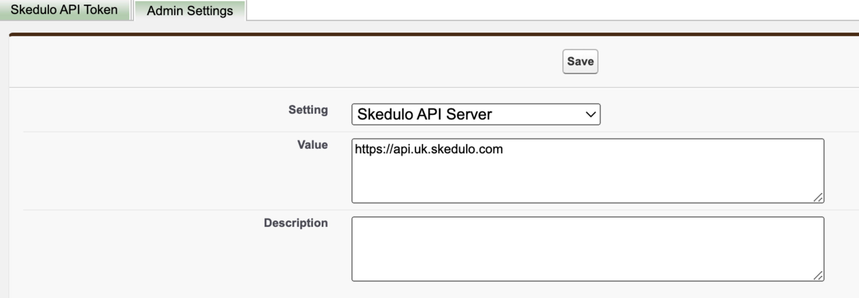 Screenshot of the Salesforce Admin Settings tab for the Skedulo API token