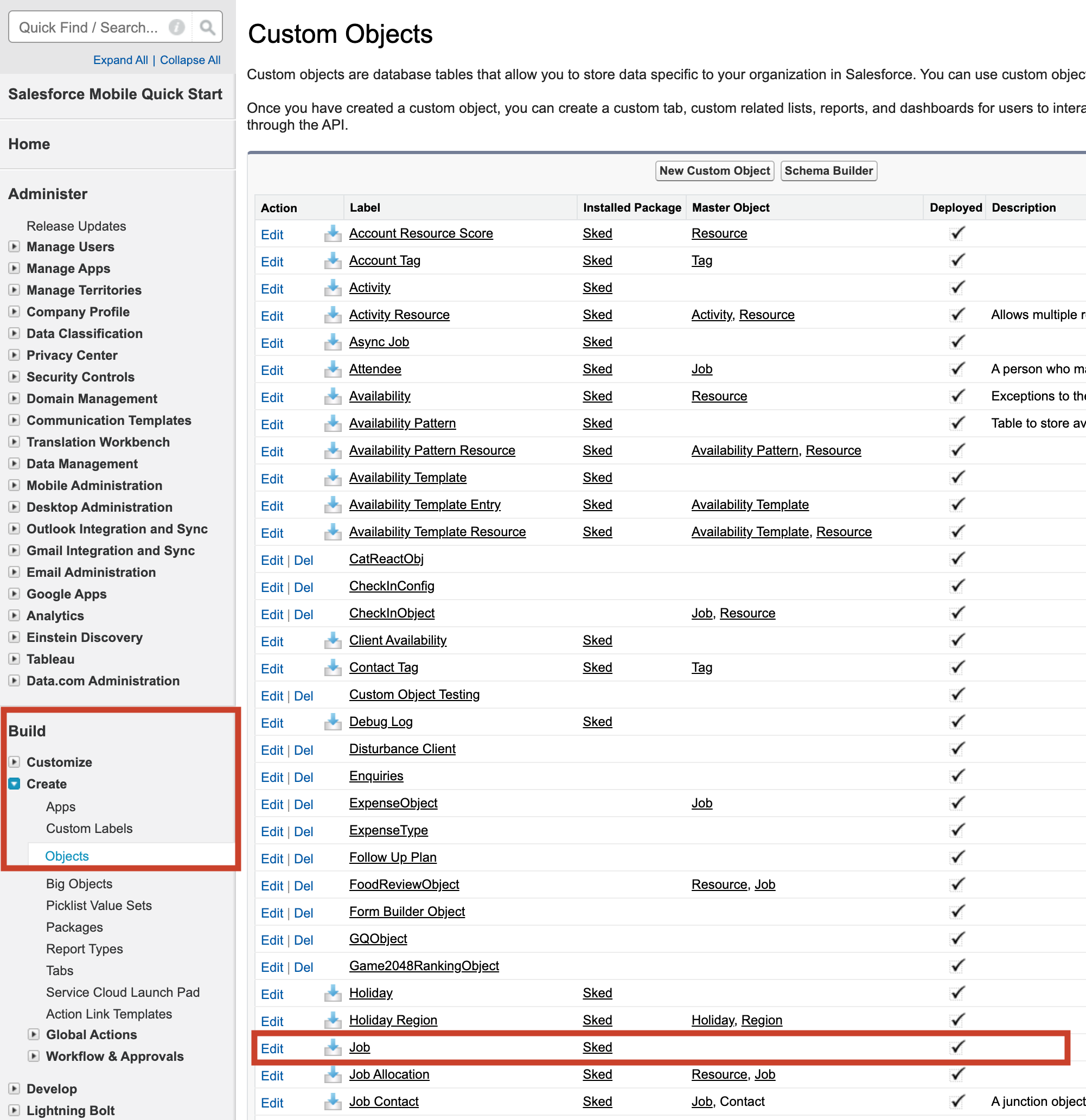 An example showing how to locate the object named job using Salesforce Classic.