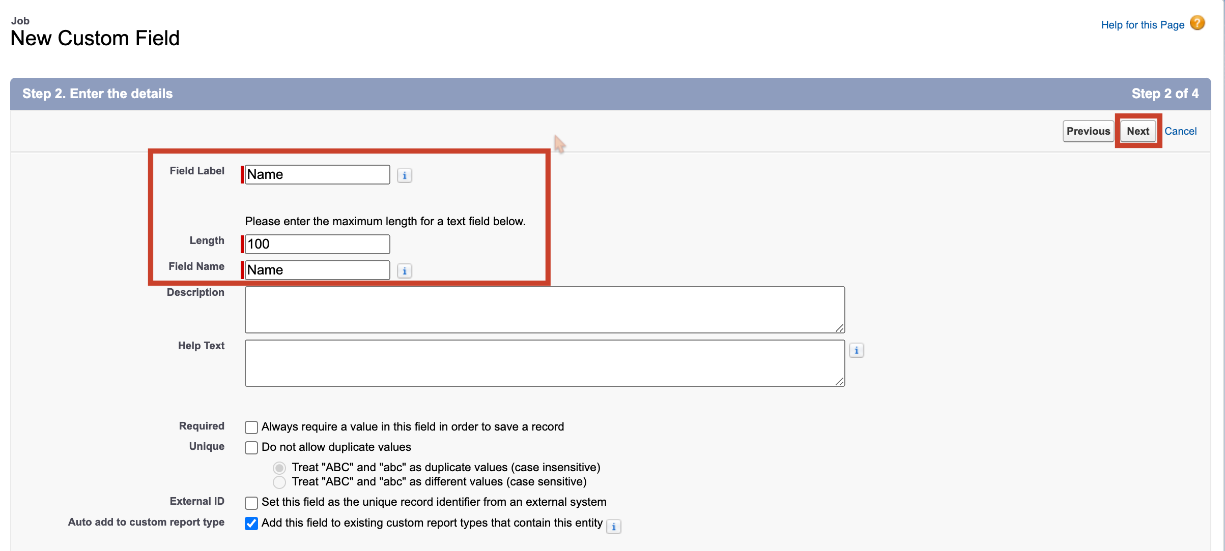 Step two, showing the field label, field name, and length defined.