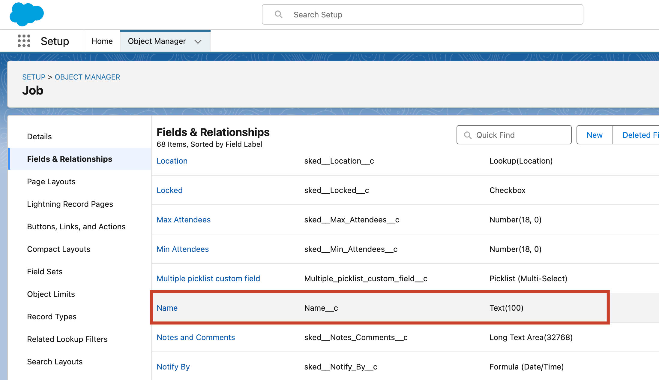 An example showing the new field named cause added to the job object in Salesforce Classic.