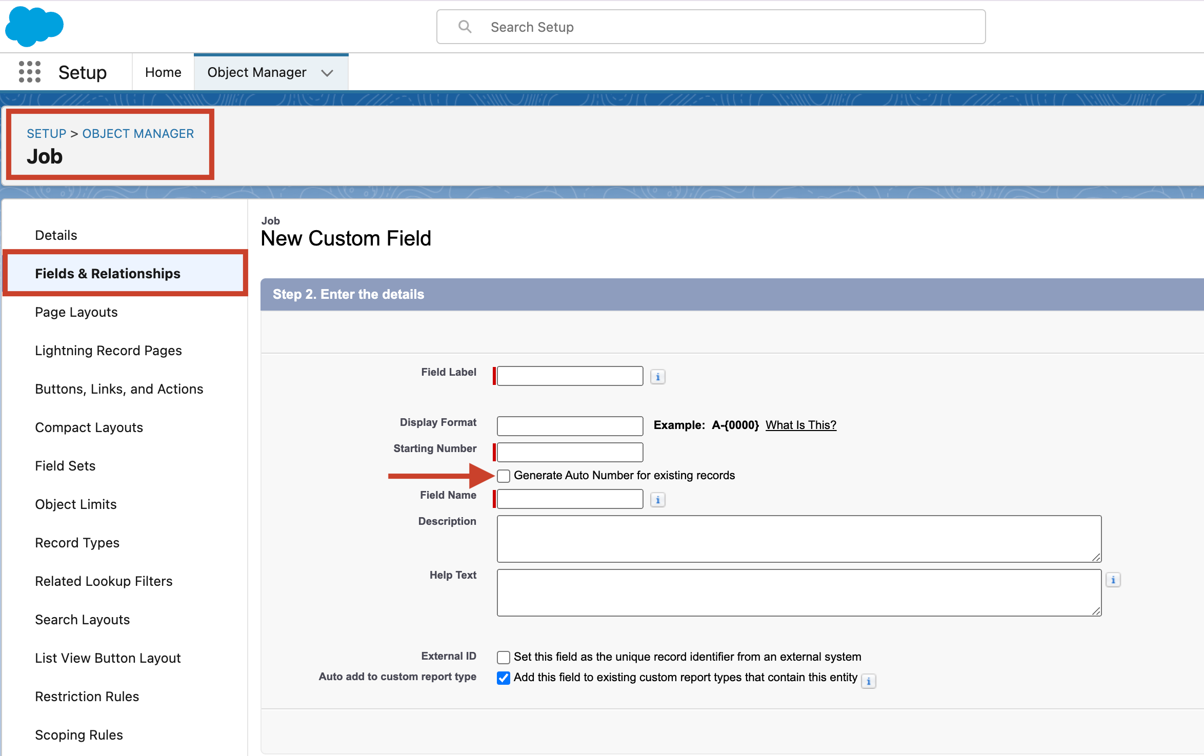 Creating a new auto number custom field.