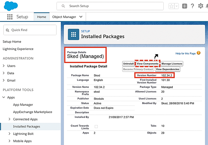 Viewing the sked managed package in Salesforce.