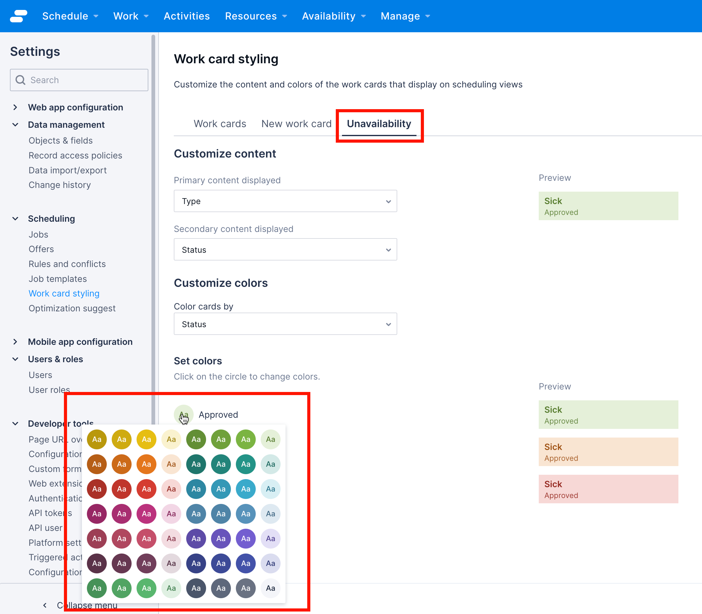 The unavailability card configuration options with the color options opened.