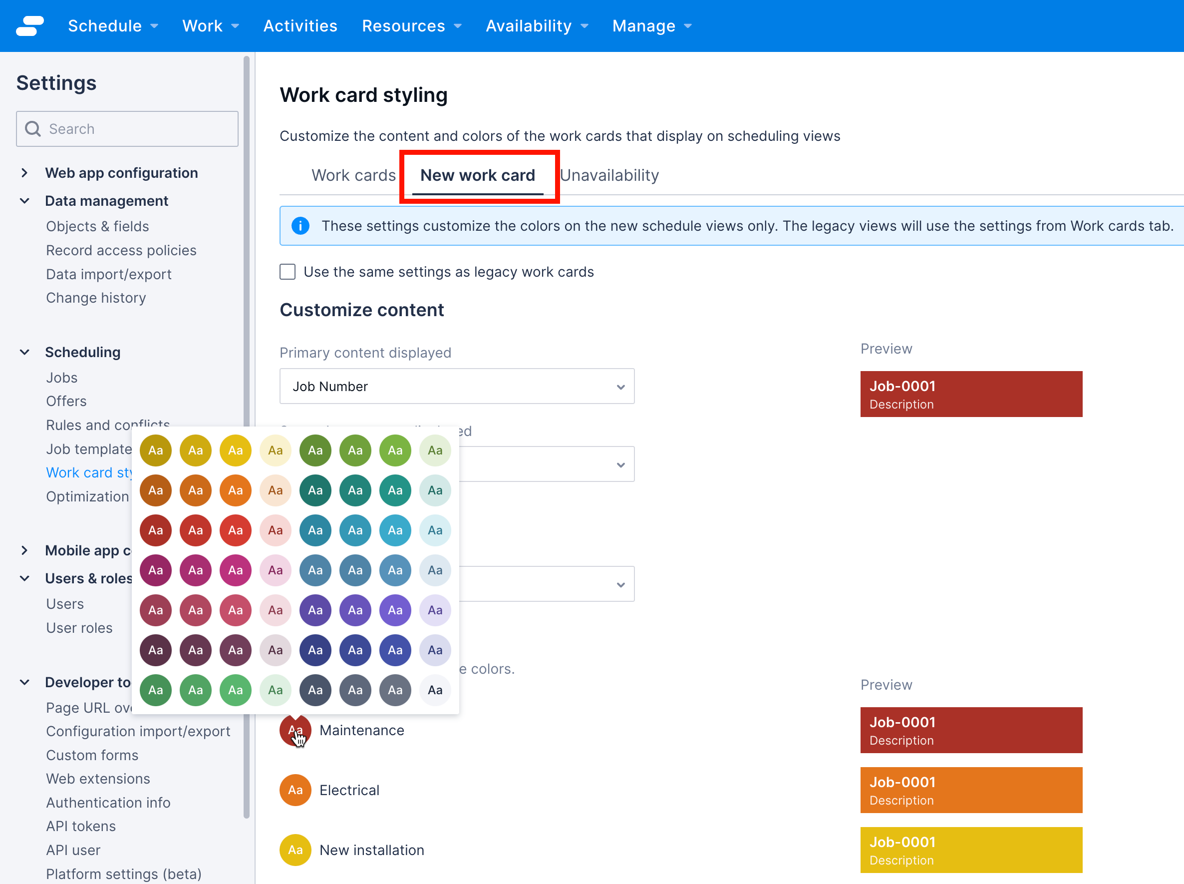 The work card Set colors section with the choice of colors opened.