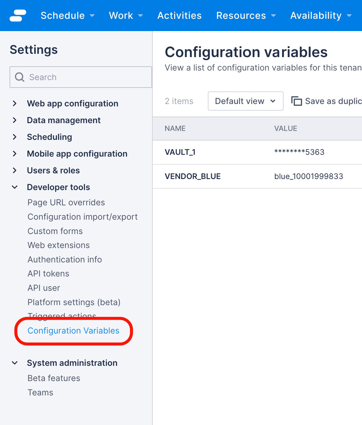 The Configuration variables list in admin settings.