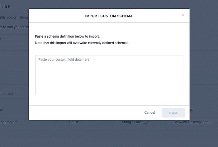 The import custom schema modal in the admin settings.