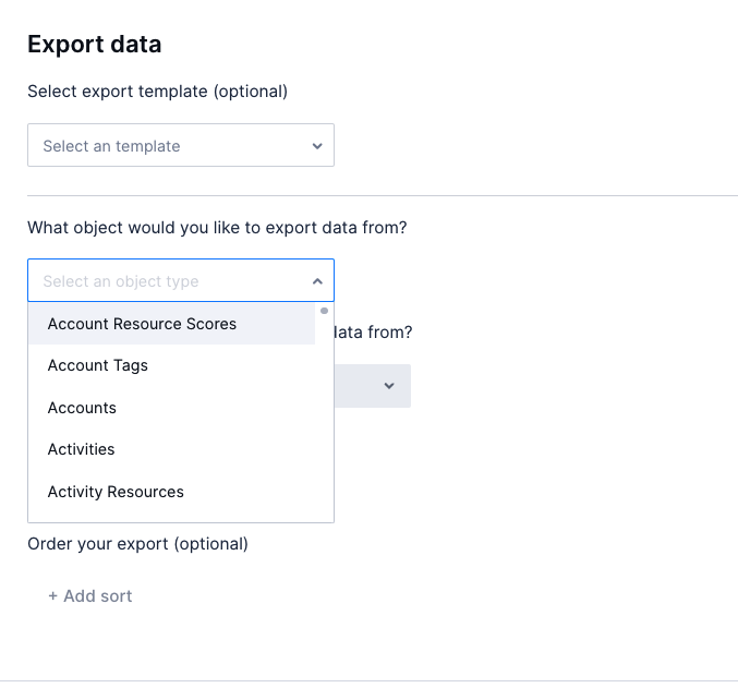 The Export data page with the object dropdown menu highlighted.