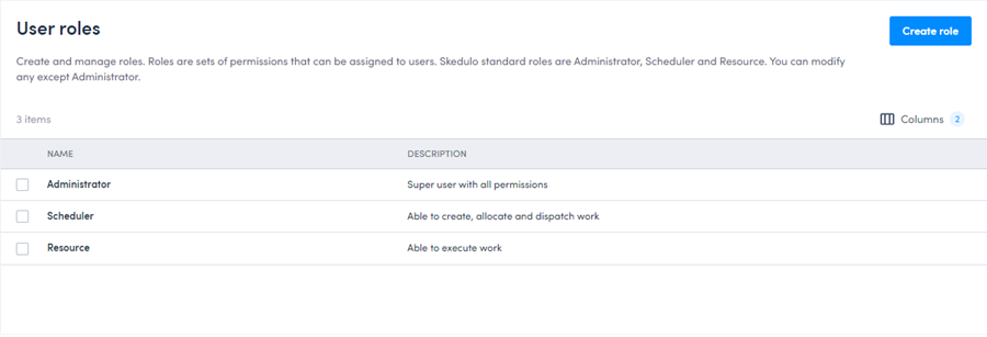 The User roles page