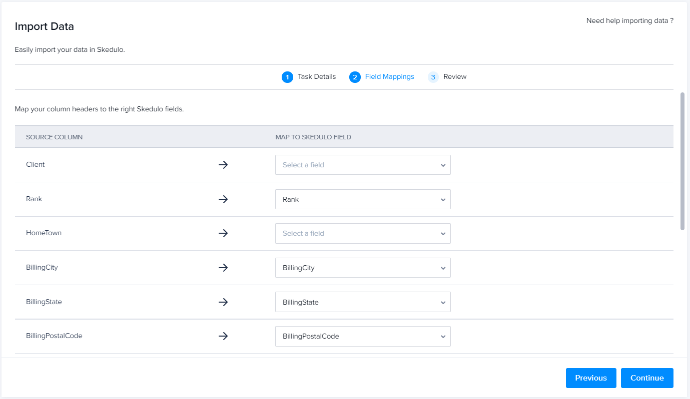 The field mapping stage of the Import data page with a selection of fields that need mapping.