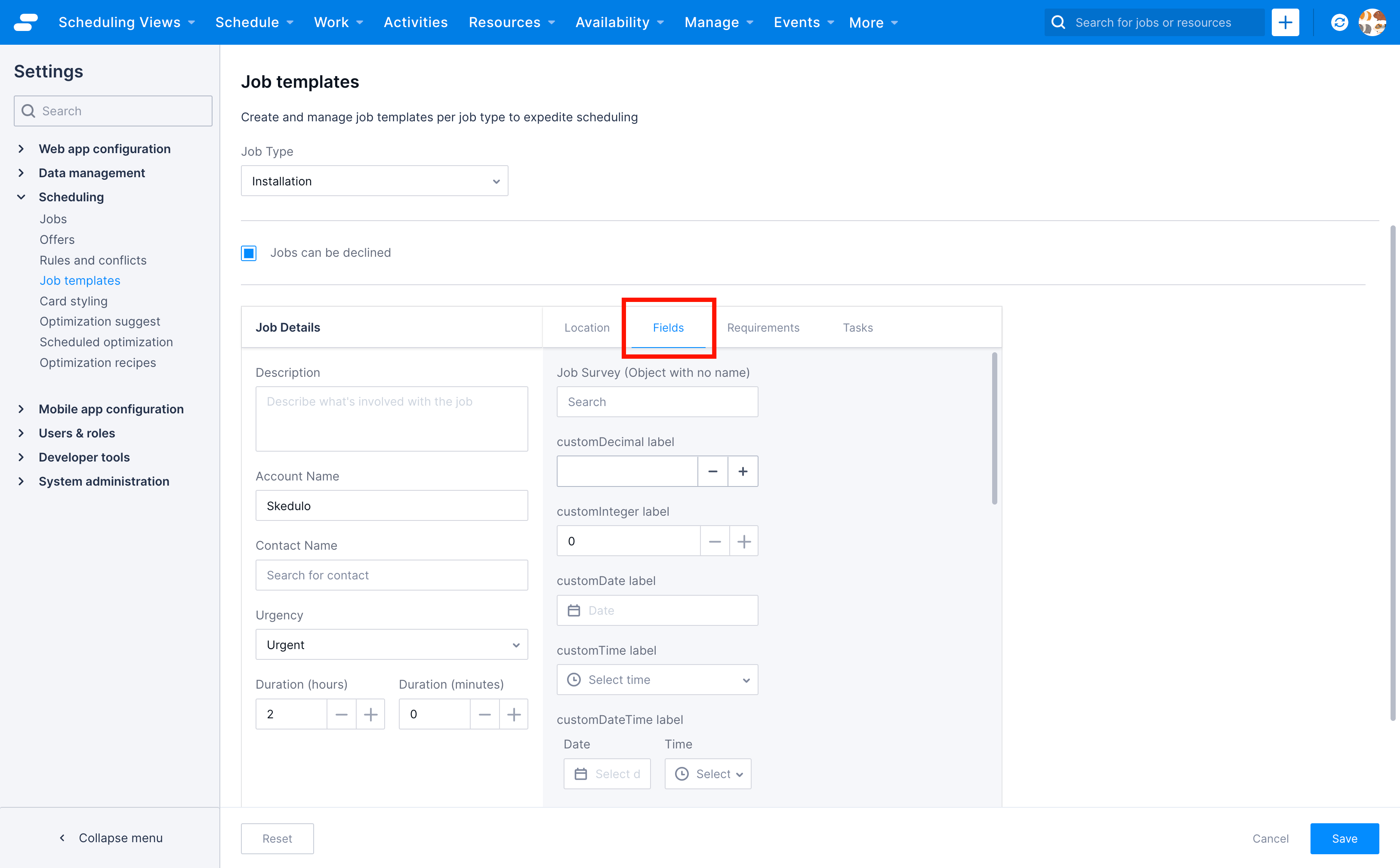 An example showing one custom field under the fields tab of the job template settings.