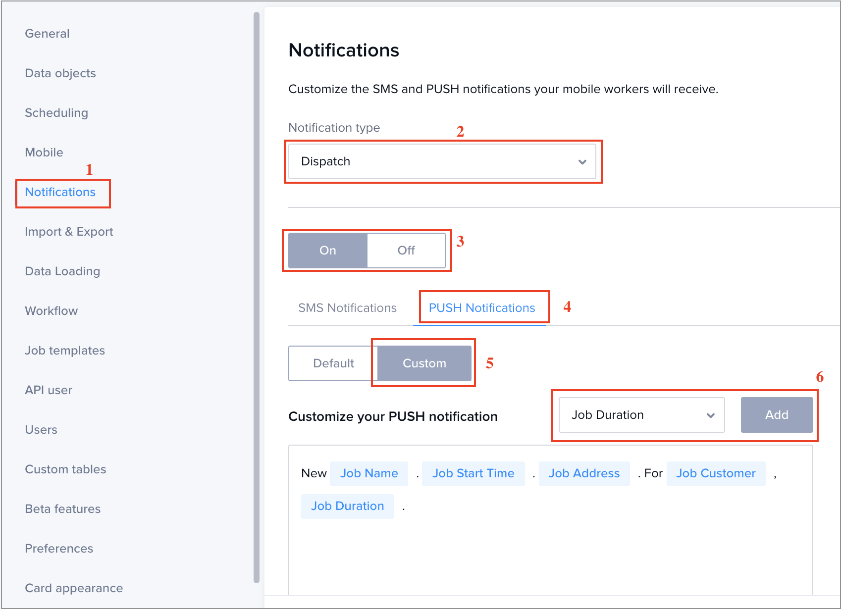 Screenshot of the settings for a custom dispatch push notification