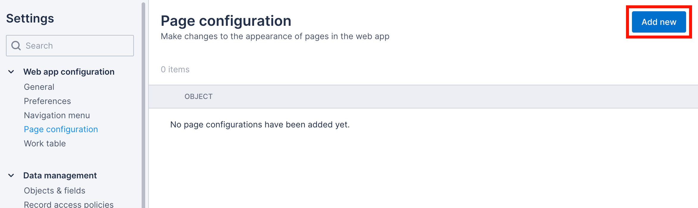 Add new button on page configuration settings page