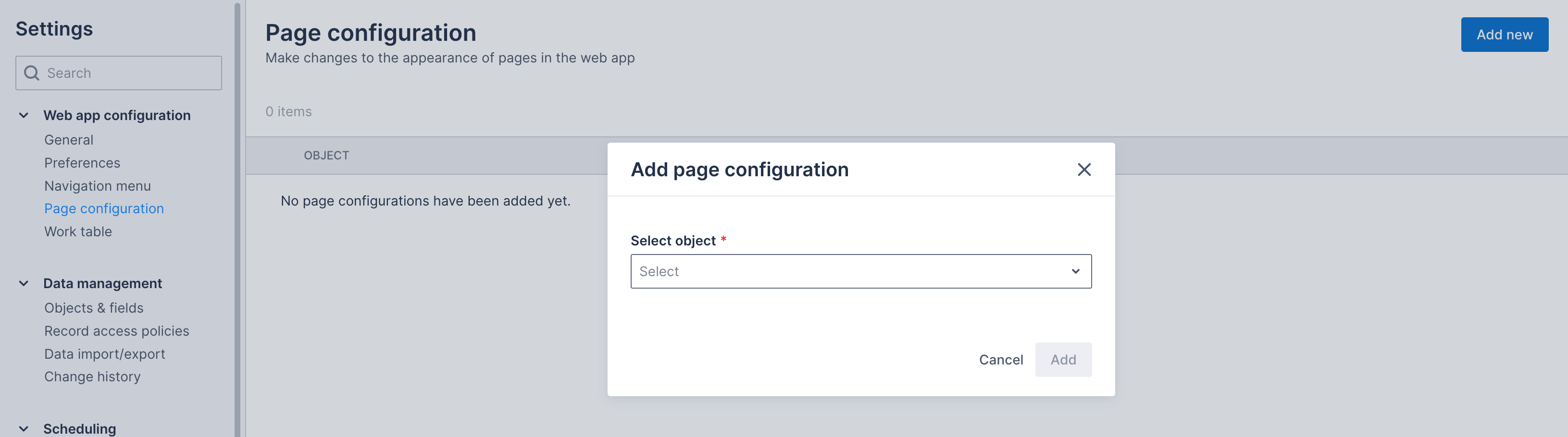 The Add page configuration window