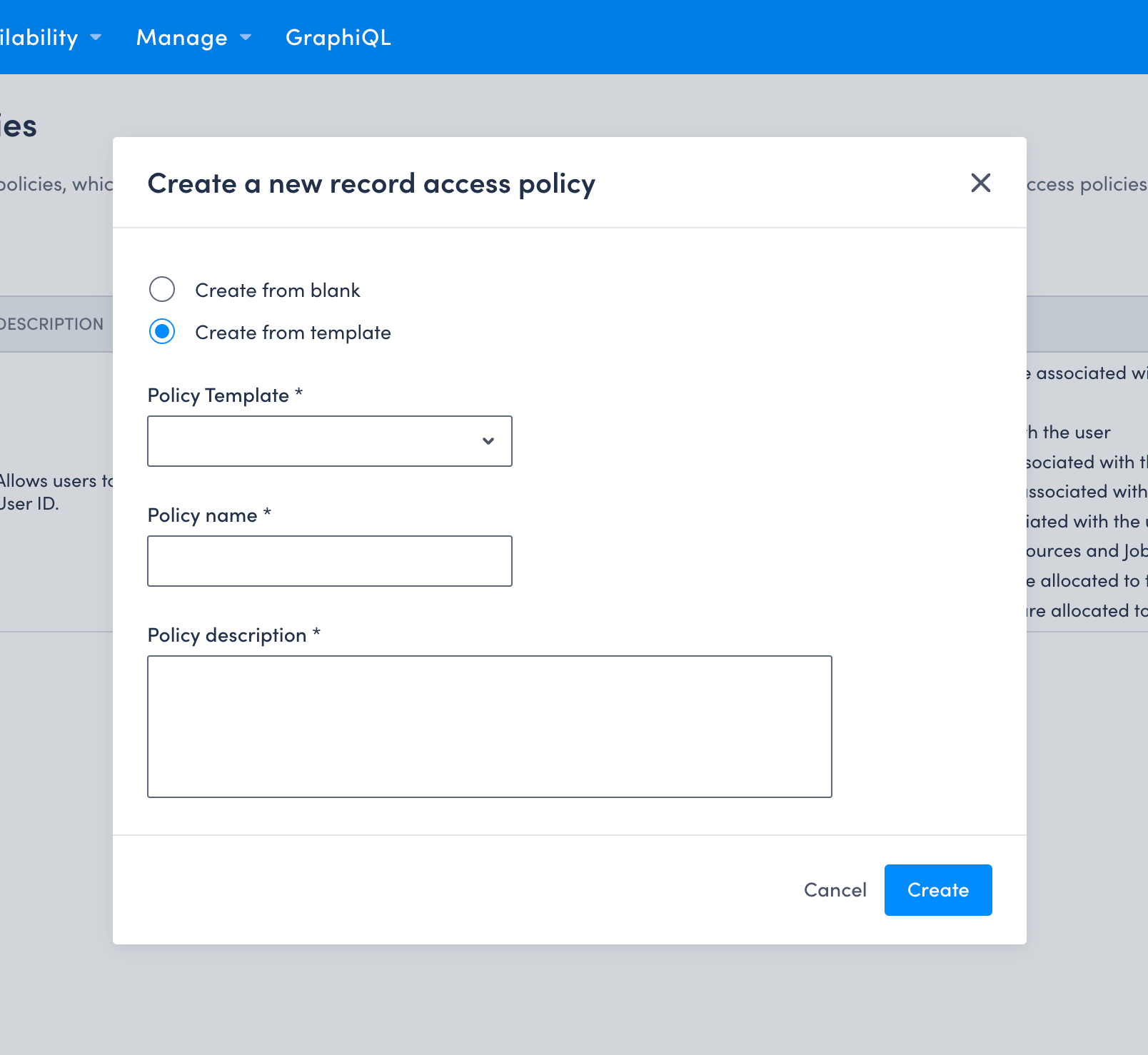 The create policy modal