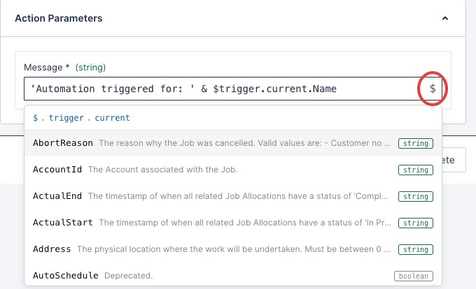 The automation builder workflow variables picker