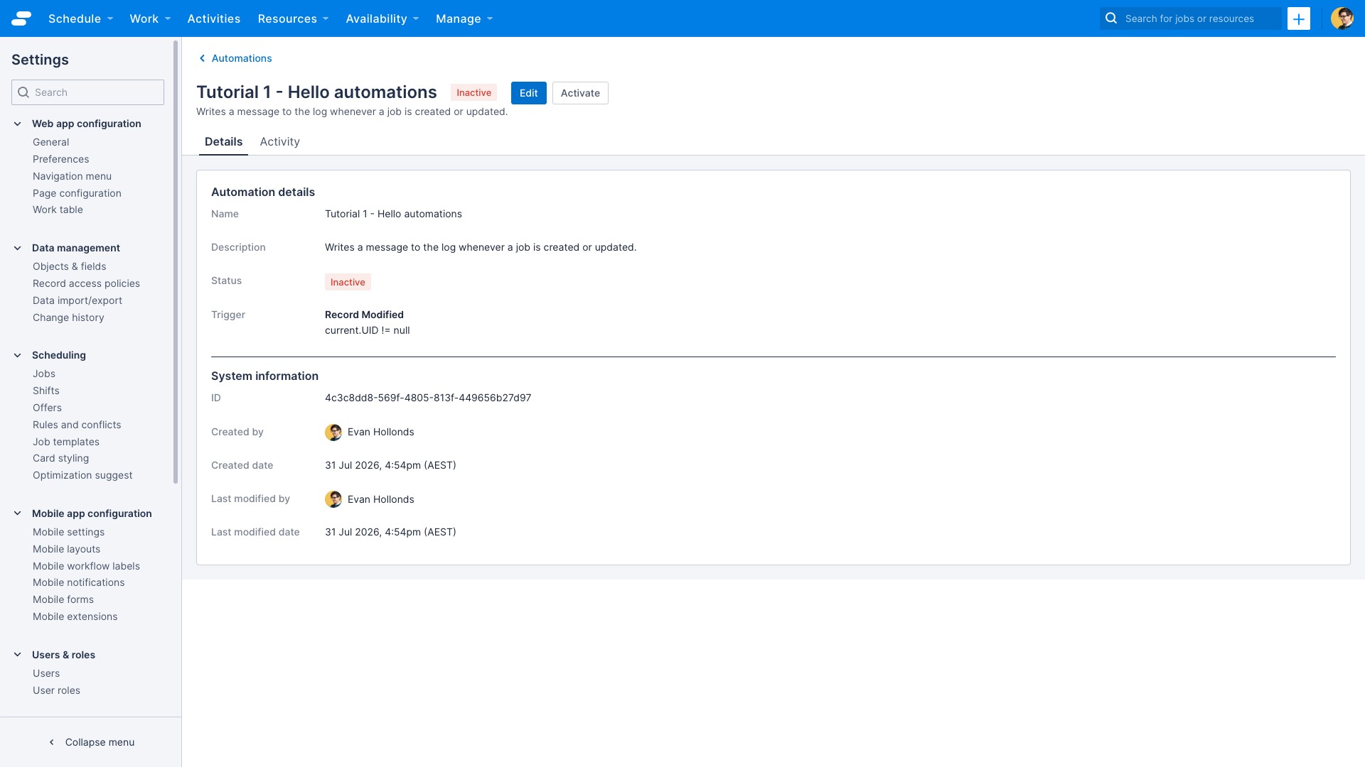 The automation detail page