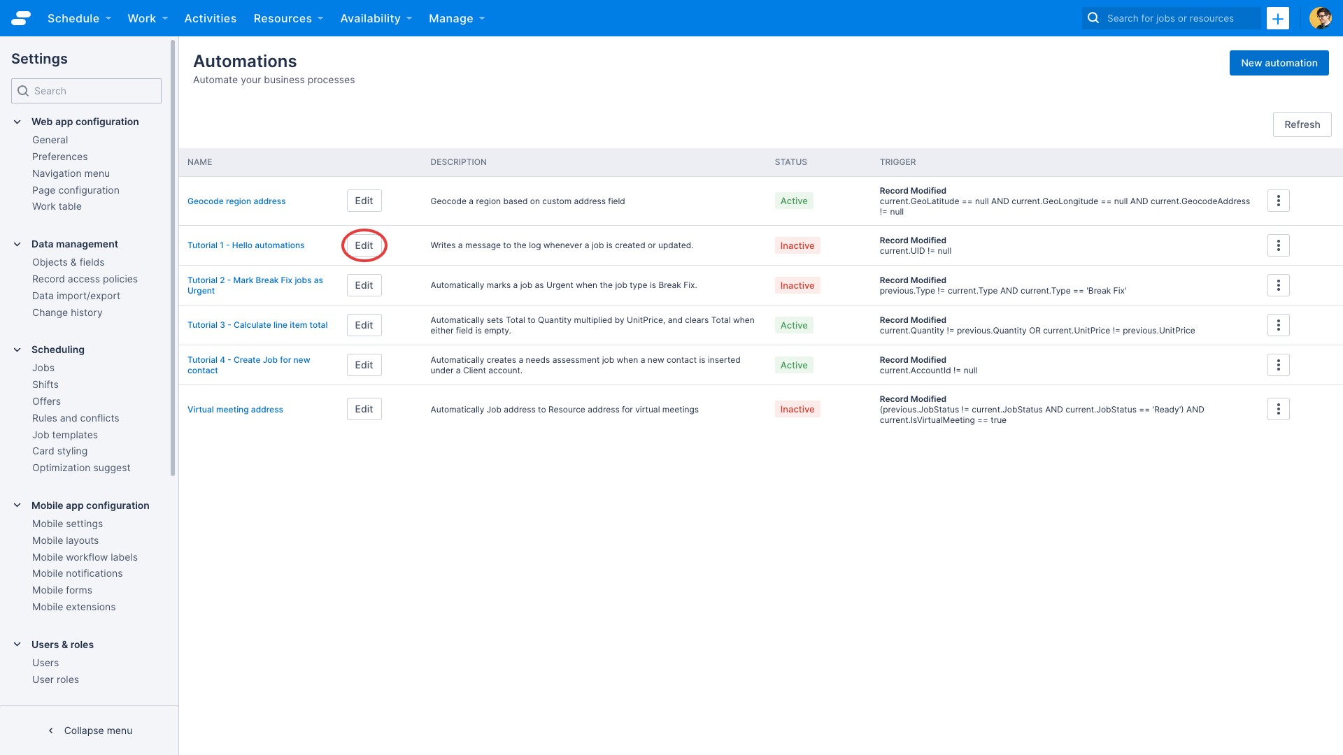 The automation list edit button