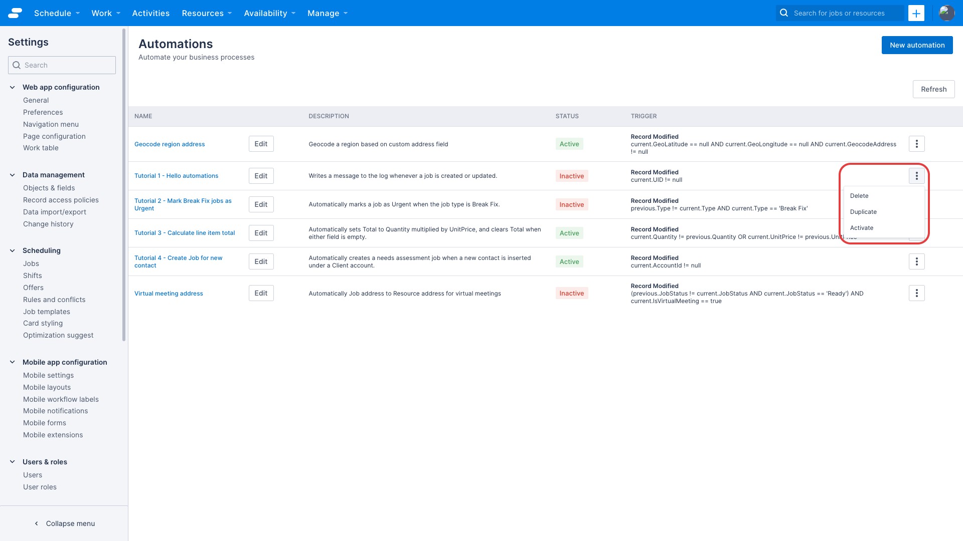 The automation list action menu