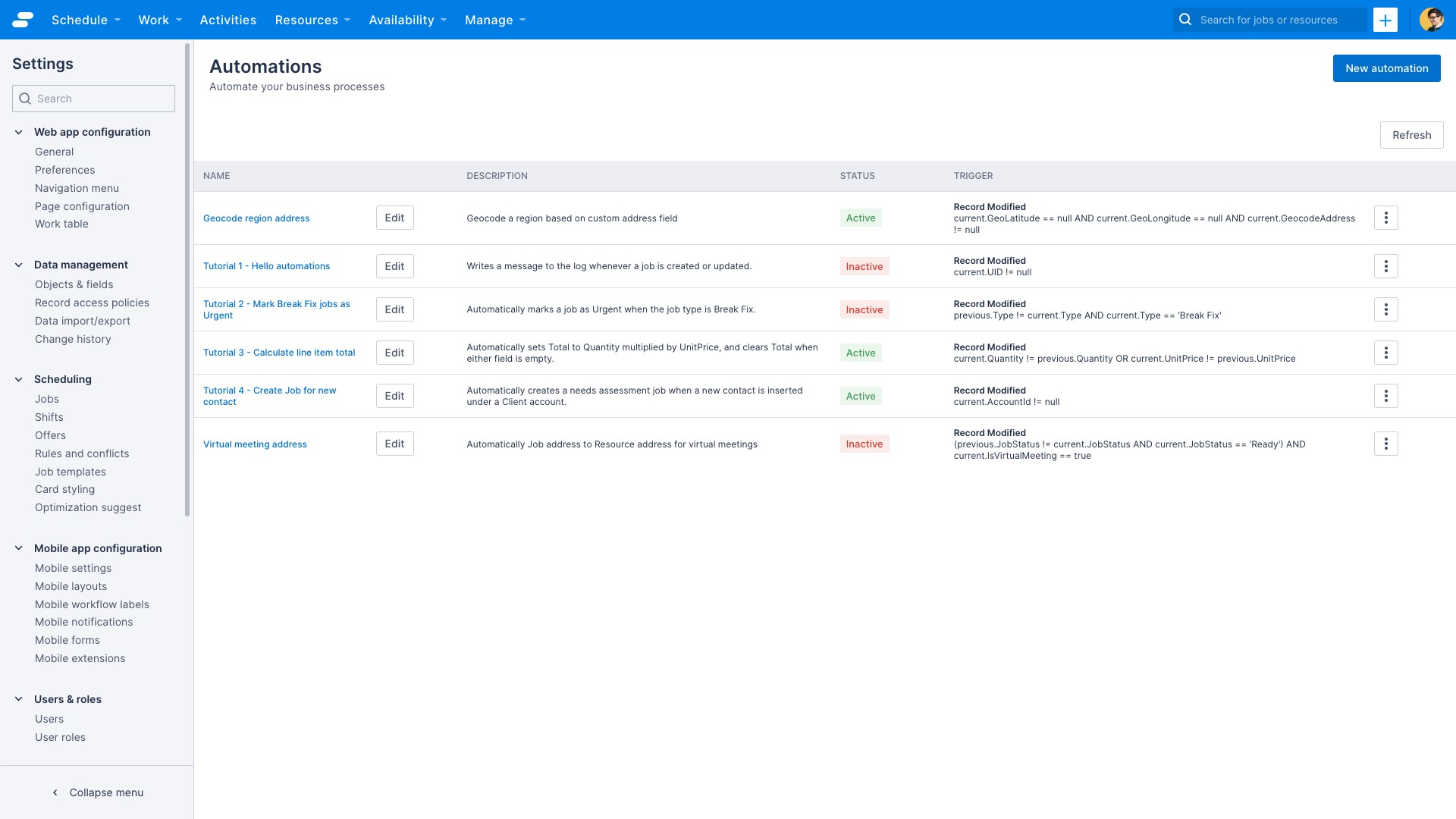 The automation list