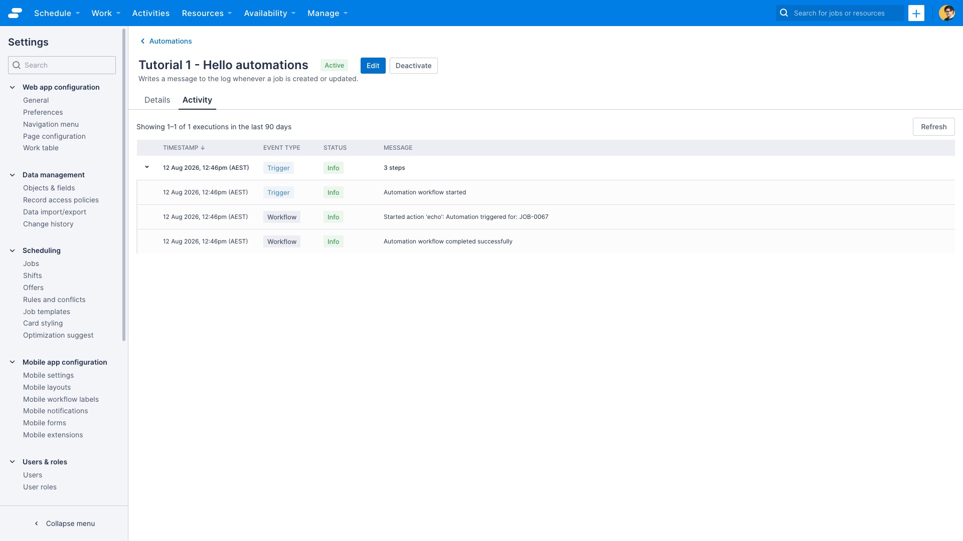 The automation detail, activity tab