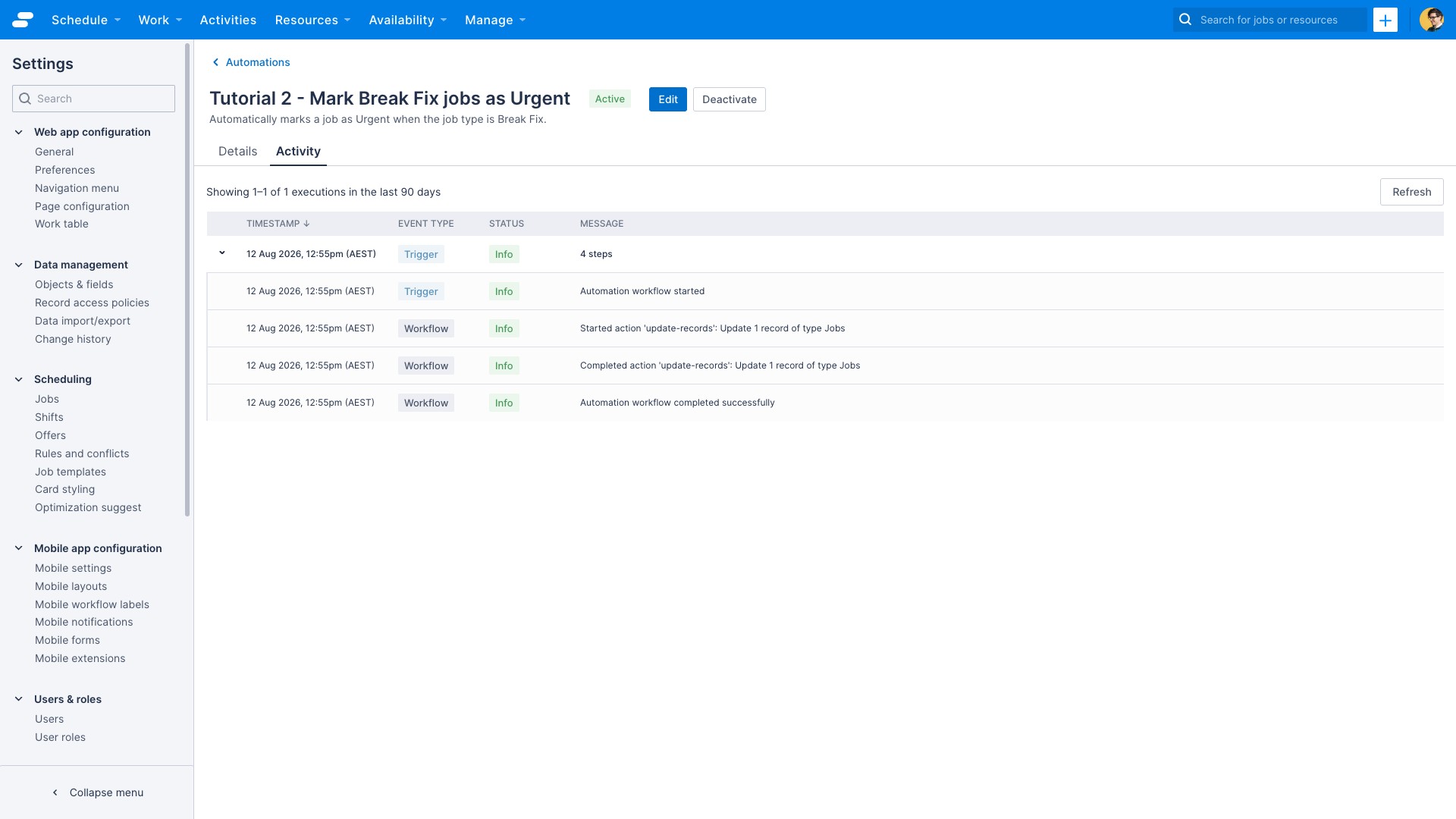 The automation activity tab