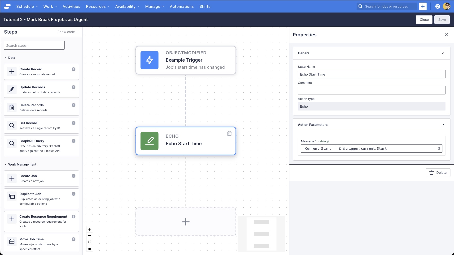 The workflow canvas with the Echo action selected