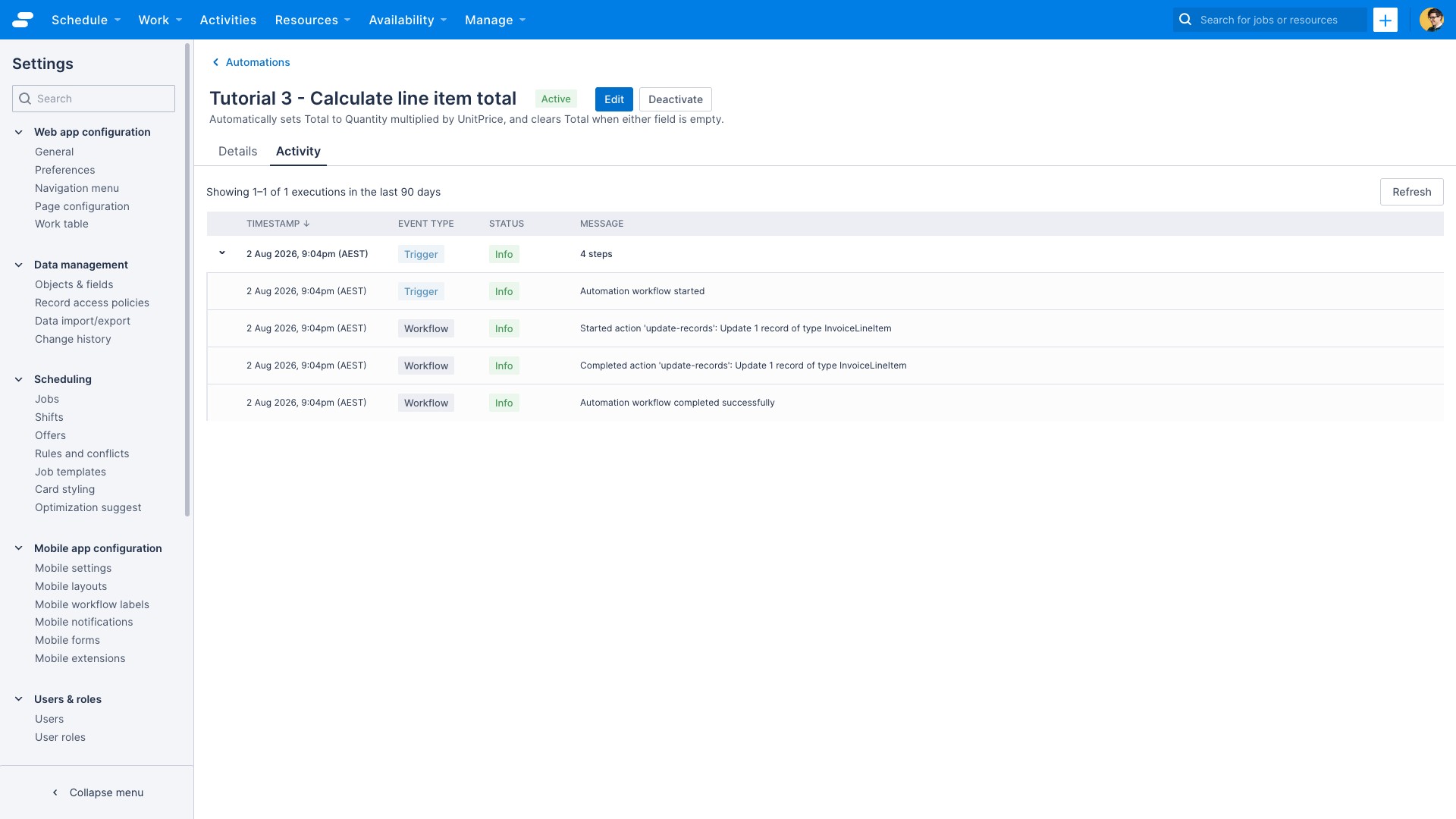 The automation activity tab