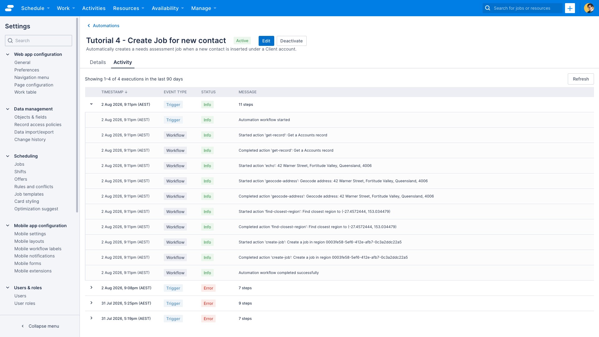 The automation activity tab