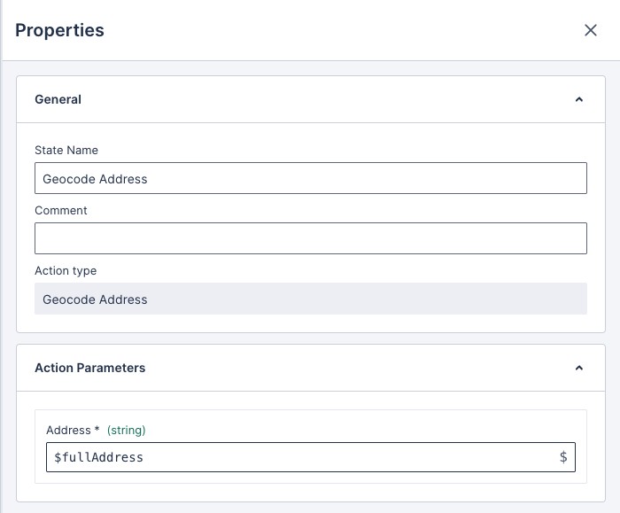 The Geocode Address action properties panel