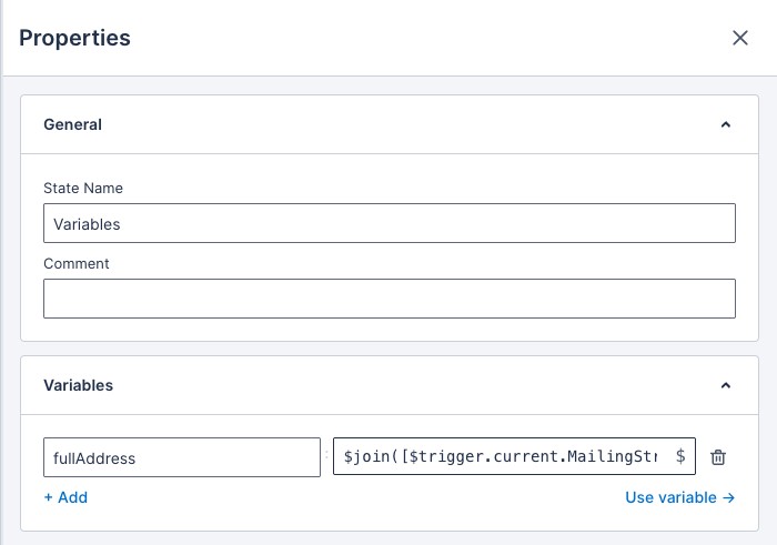 The Variables step properties panel